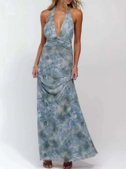 Floral Halter Neck Deep V Maxi Dress WESTCLOSET