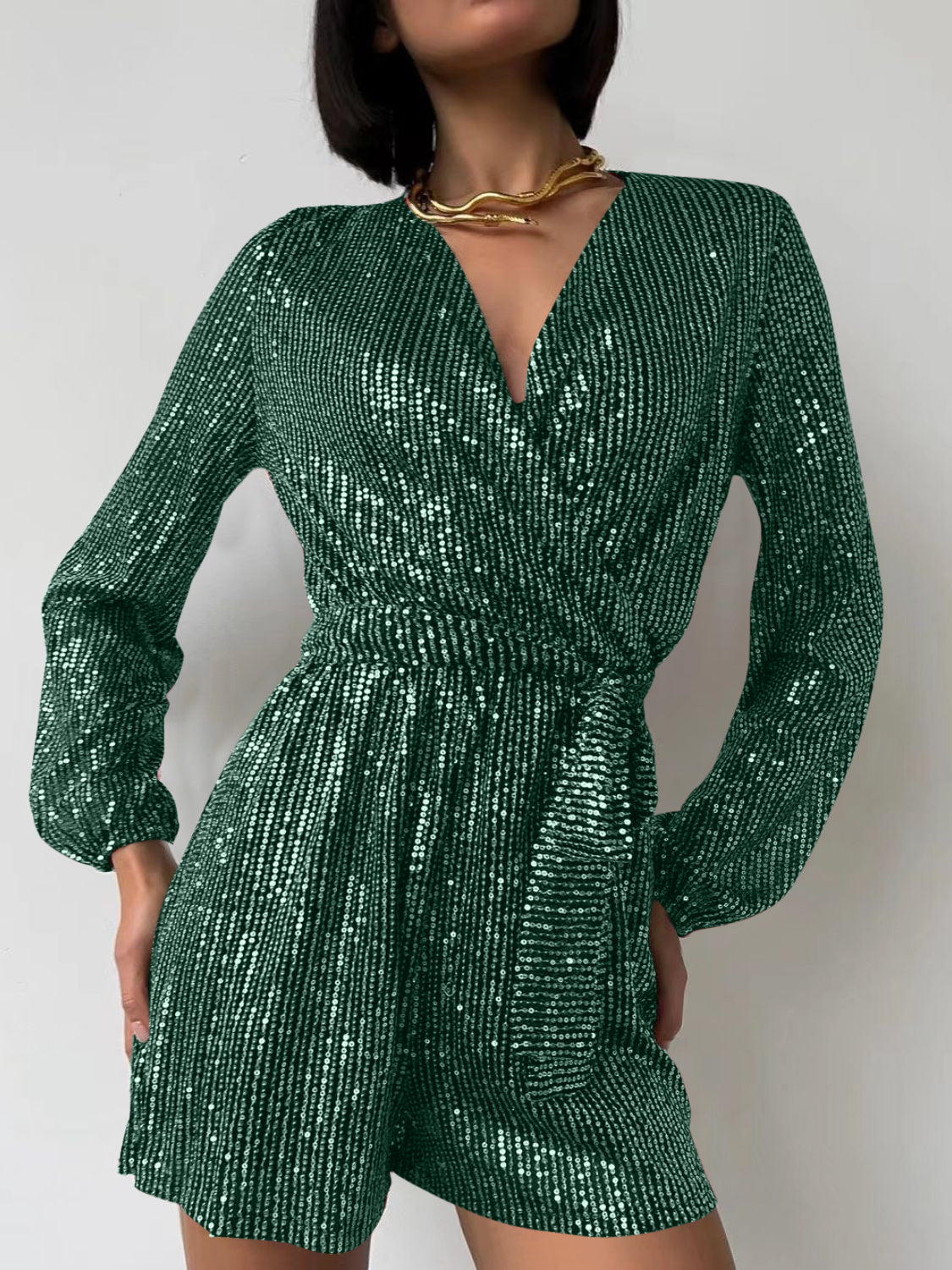 WestCloset Full Size Sequin Surplice Tie Waist Long Sleeve Romper 