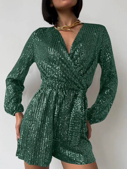 WestCloset Full Size Sequin Surplice Tie Waist Long Sleeve Romper 