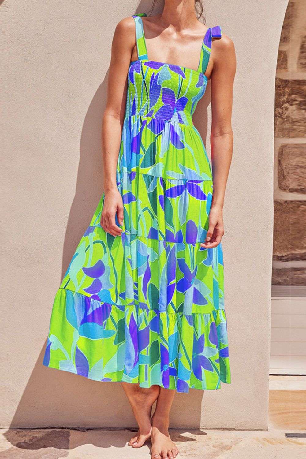 Floral Tie-Shoulder Smocked Midi Dress WESTCLOSET