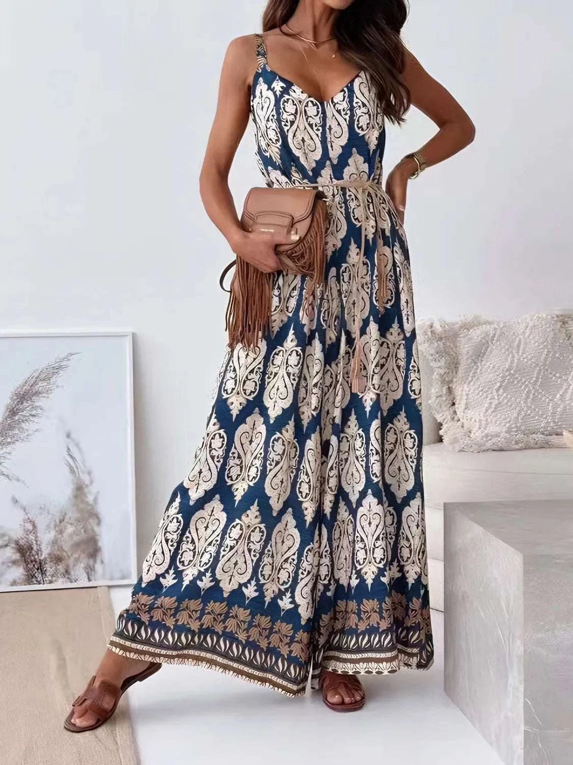 Printed V-Neck Wide Leg Jumpsuit WESTCLOSET
