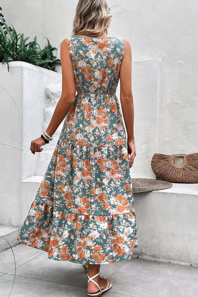 Floral Print Trimmed V Neck Tie Waist Sleeveless Dress WESTCLOSET