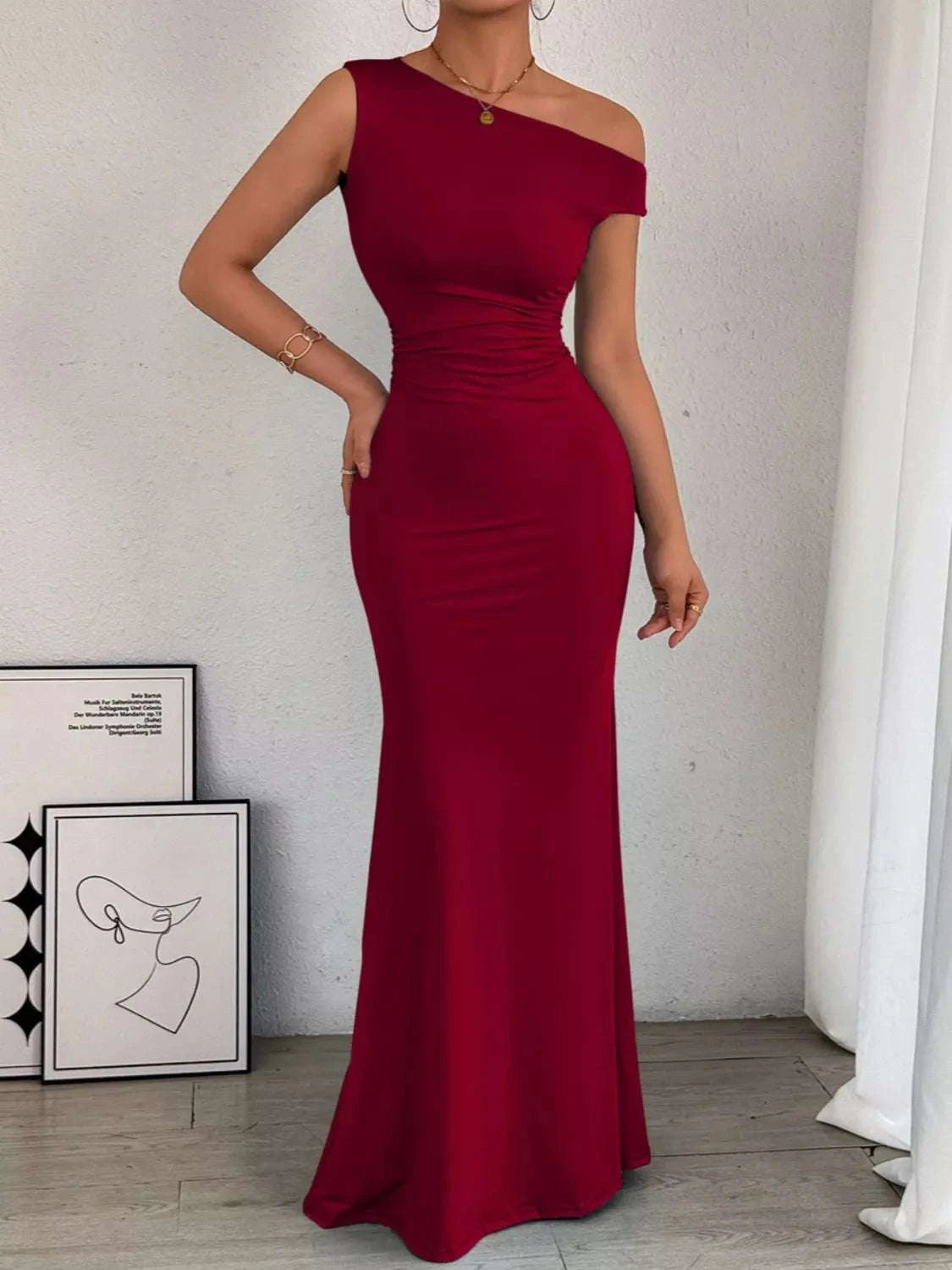One-Shoulder Ruched Bodycon Maxi Dress WESTCLOSET