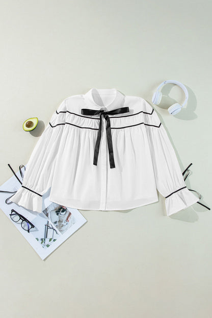 WestCloset Ribbon Bowtie Collared Neck Flounce Sleeve Shirt 