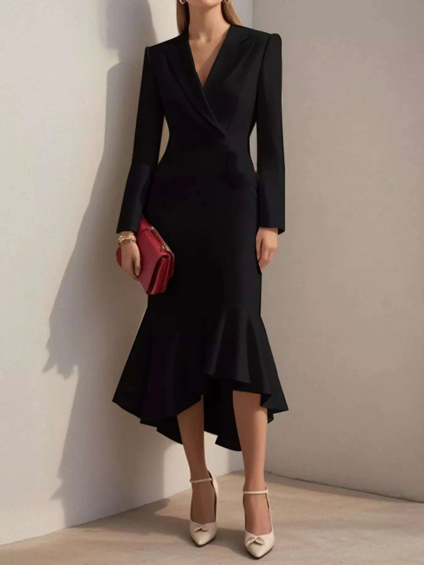 Ruffled Hem Long Sleeve Midi Blazer Dress WESTCLOSET