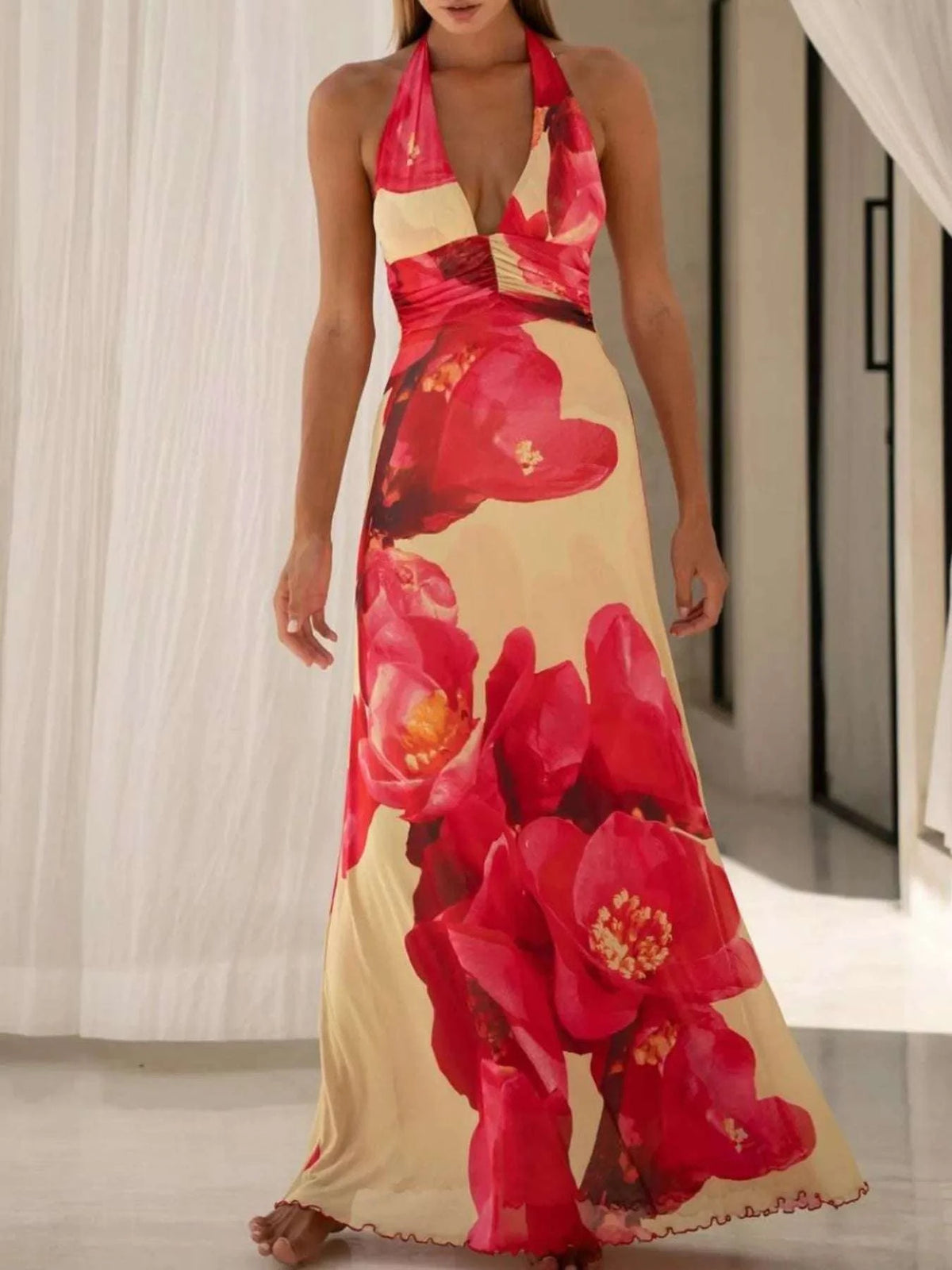 Floral Halter Neck Deep V Maxi Dress WESTCLOSET