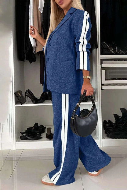 Full Size Contrast Lapel Collar Top and Pants Set WESTCLOSET