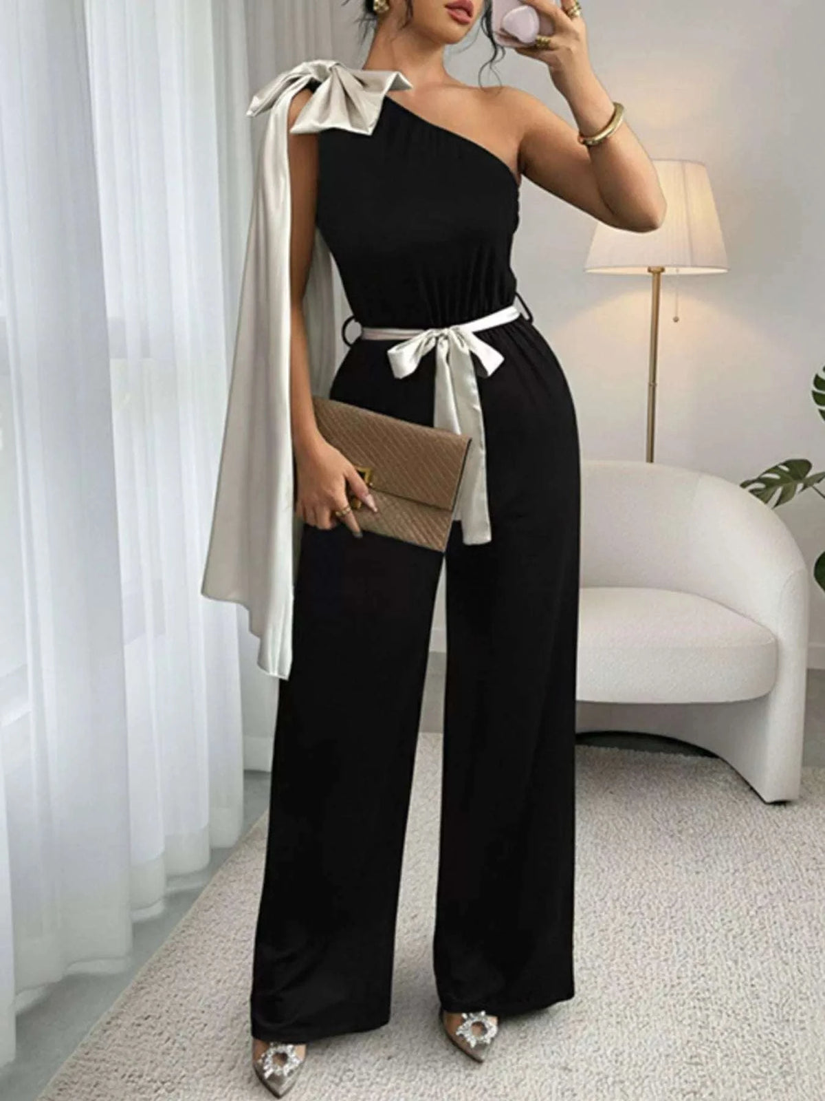 One-Shoulder Bowknot Wide Leg Jumpsuit WESTCLOSET