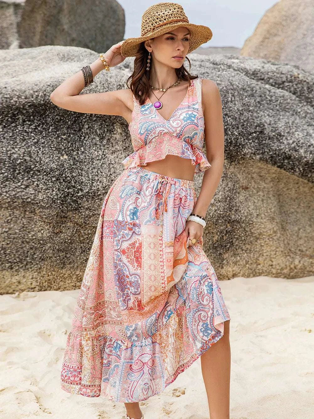 Printed V-Neck Top and Midi Skirt Set WESTCLOSET