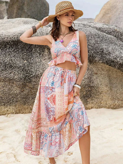 Printed V-Neck Top and Midi Skirt Set WESTCLOSET