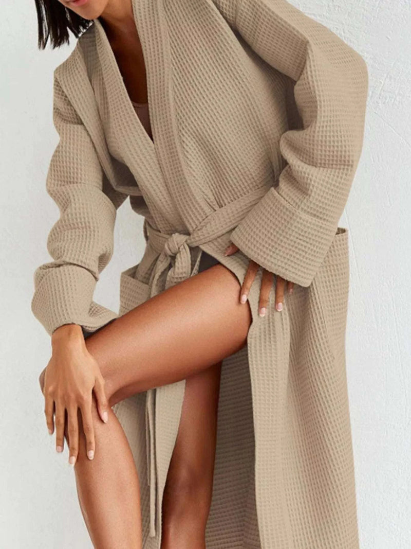 Waffle Knit Tie Waist Lounge Nightgown WESTCLOSET