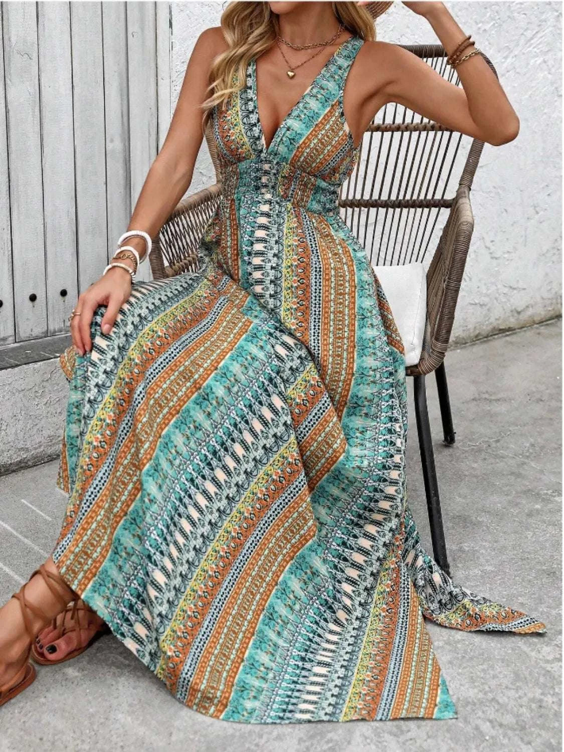 Tied Back Printed Sleeveless Maxi Slit Dress WESTCLOSET