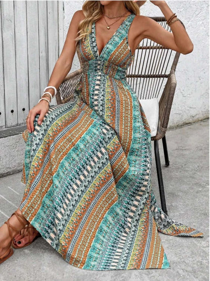 Tied Back Printed Sleeveless Maxi Slit Dress WESTCLOSET