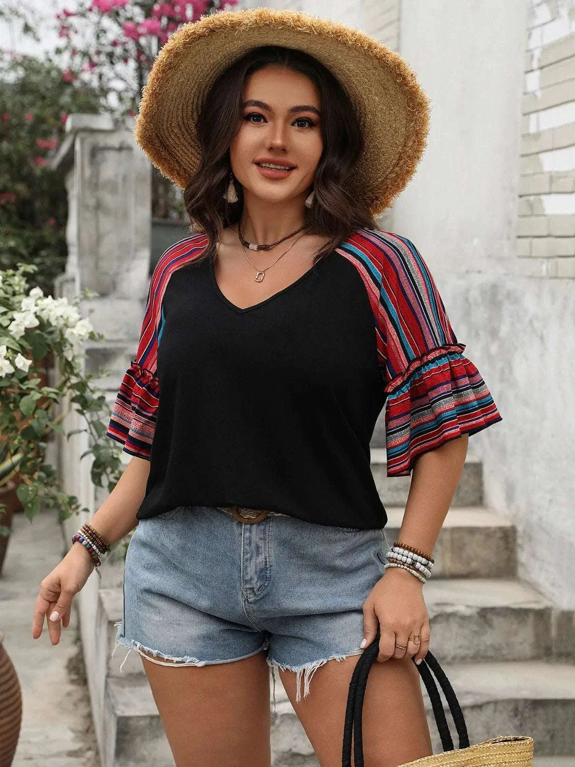 Plus Size V-Neck Flounce Sleeve Top WESTCLOSET