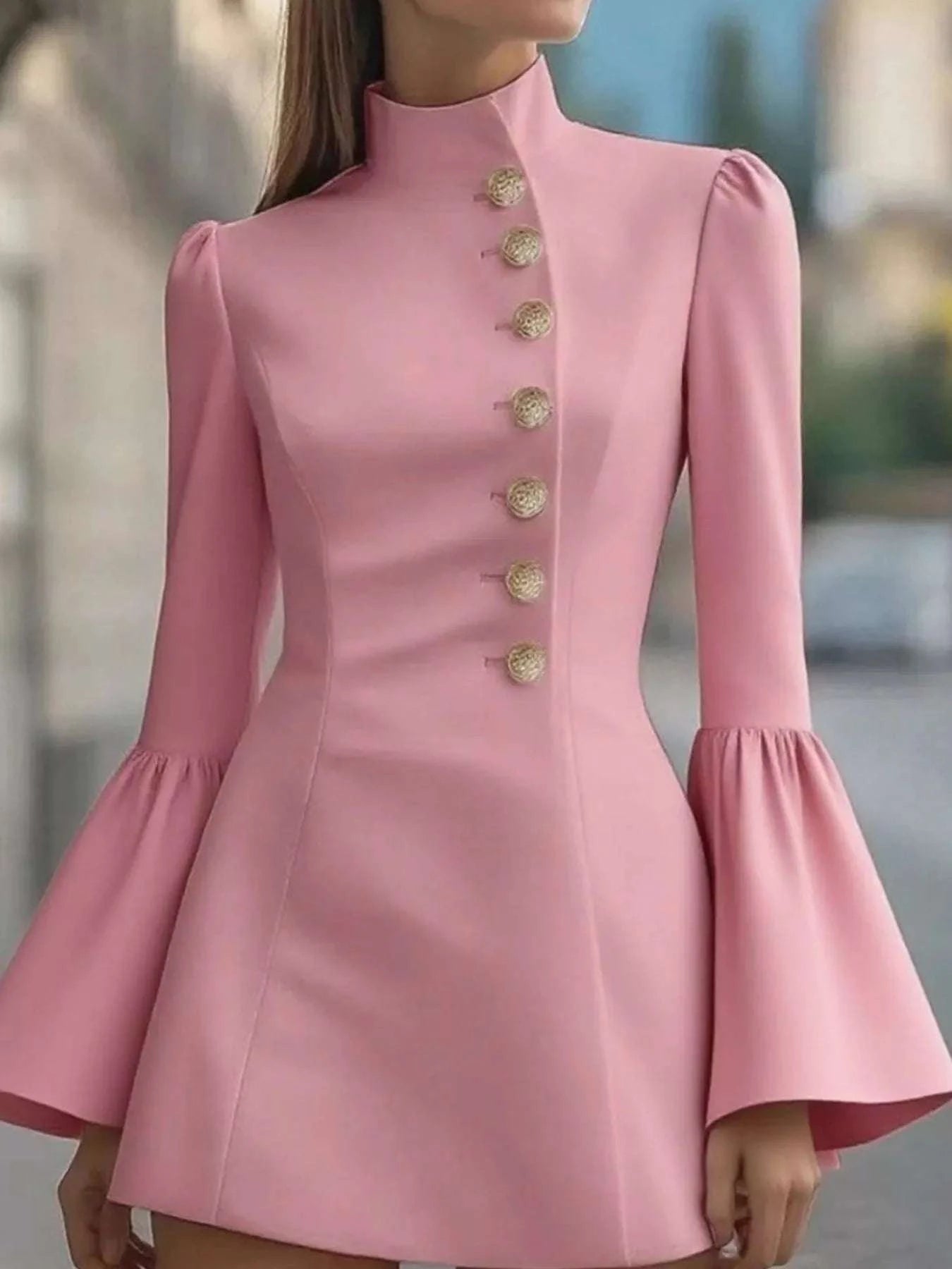 Bell Sleeve Mini Dress with Front Button WESTCLOSET