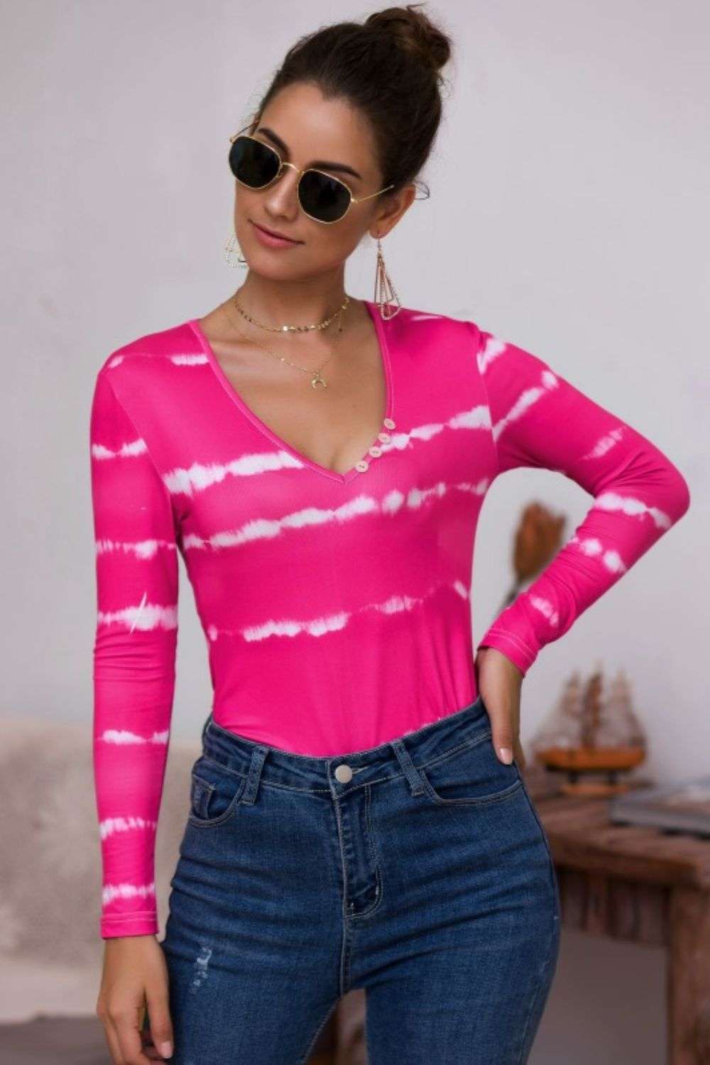 Tie-Dye Plunge Long Sleeve Top WESTCLOSET