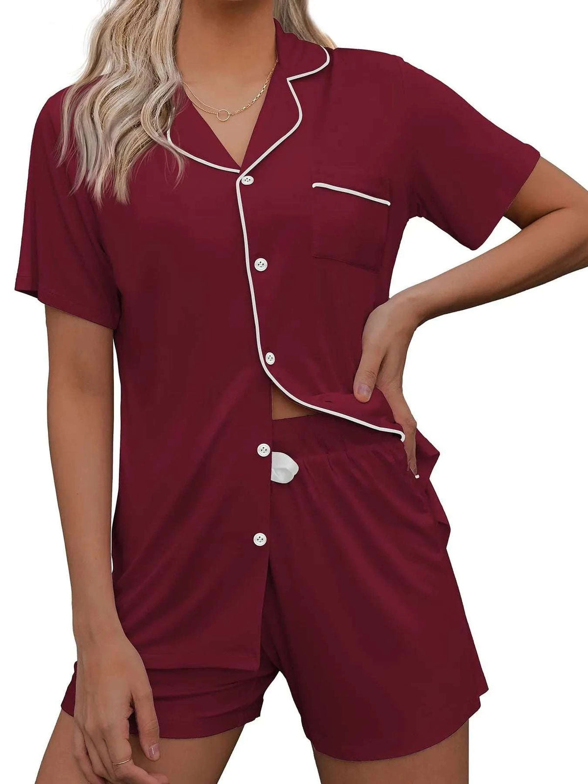 Button Up Short Sleeve Top and Shorts Lounge Set WESTCLOSET