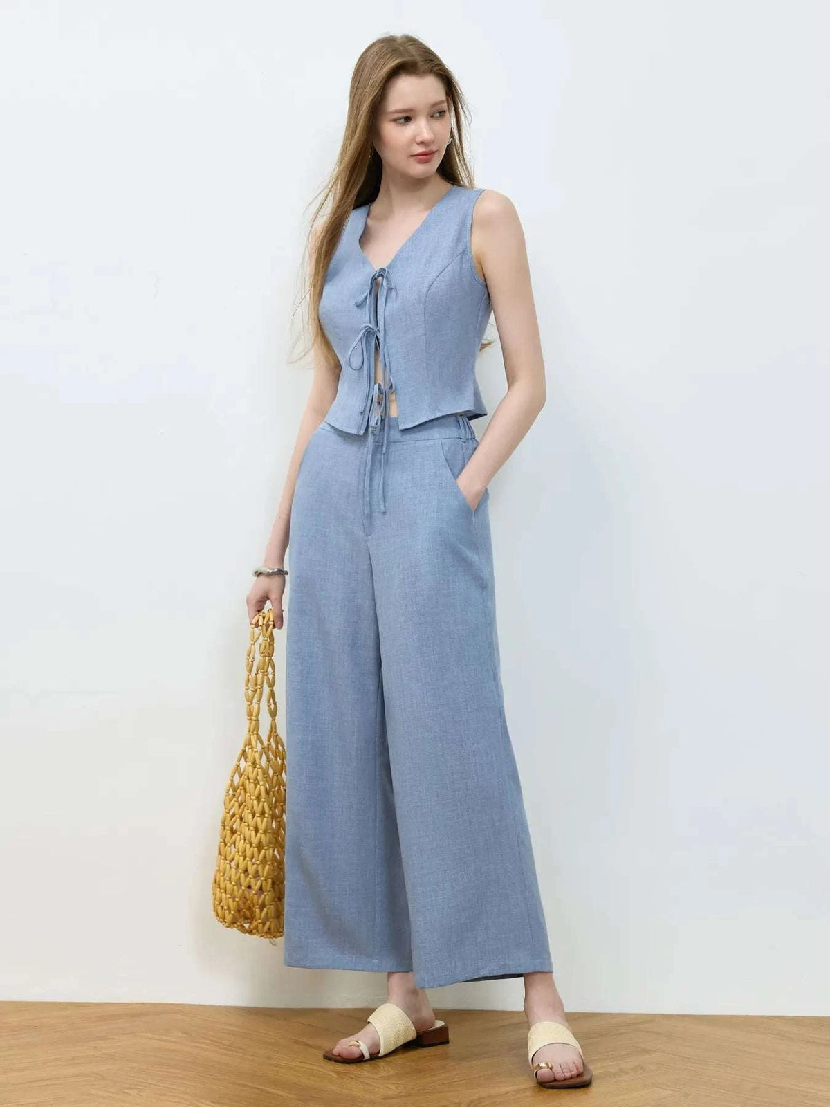 Tie Front Vest and Wide Leg Pants Set WESTCLOSET