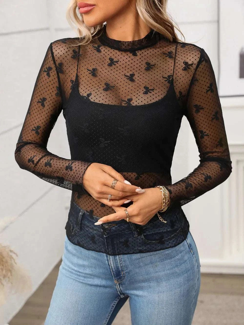 Floral Mock Neck Long Sleeve Mesh Top WESTCLOSET