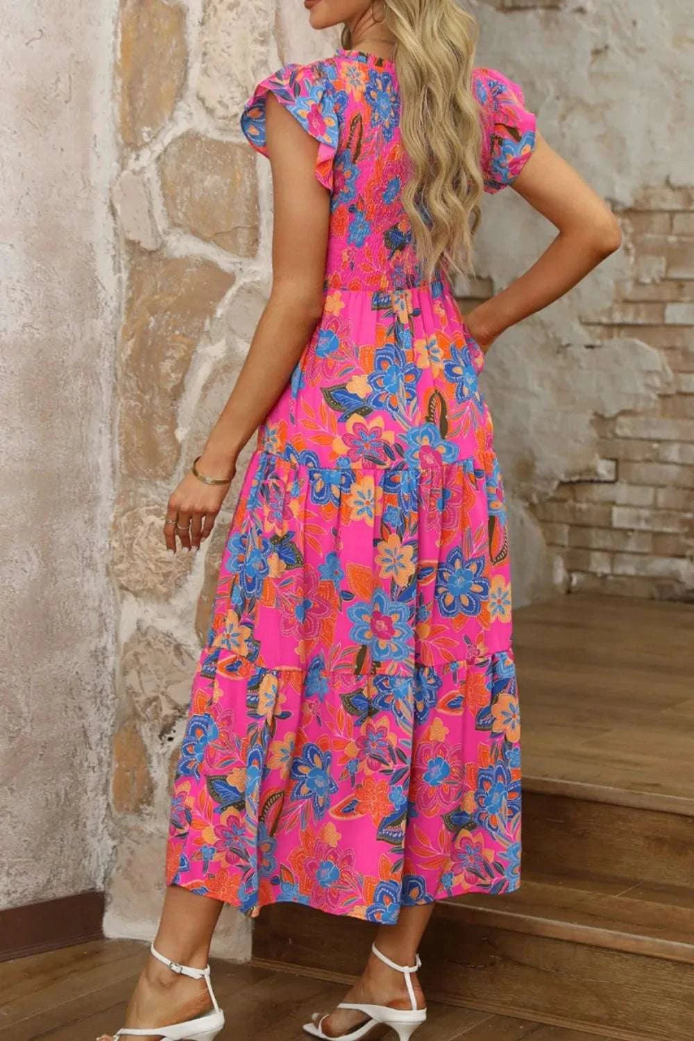 Boho Floral V Neck Ruffle Tiered Dress WESTCLOSET