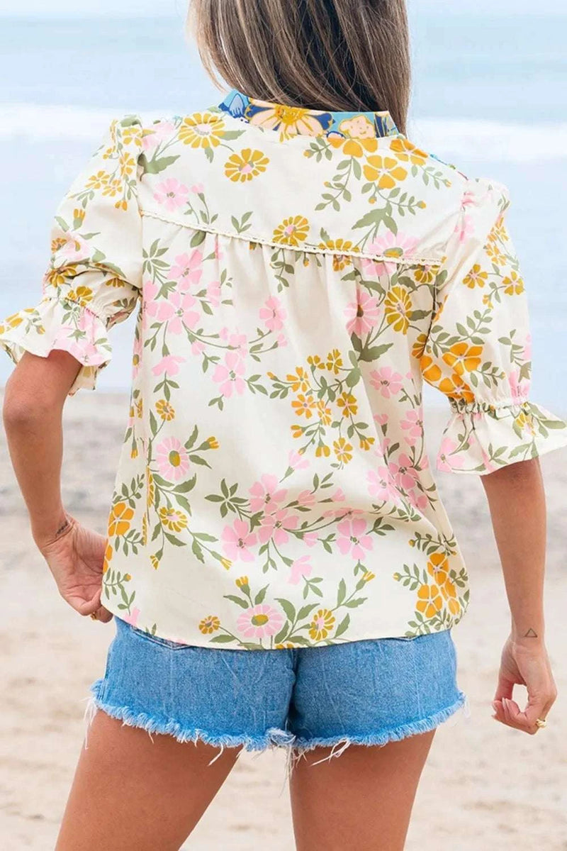 Multicolour Crochet V Neck Half Sleeve Boho Floral Blouse WESTCLOSET