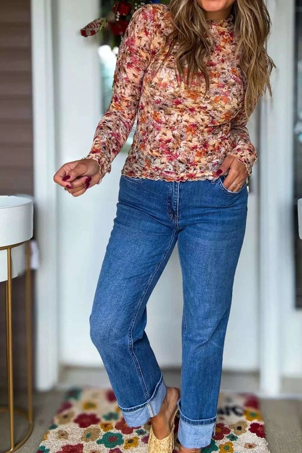 Floral Print Mesh Long Sleeve T-Shirt WESTCLOSET