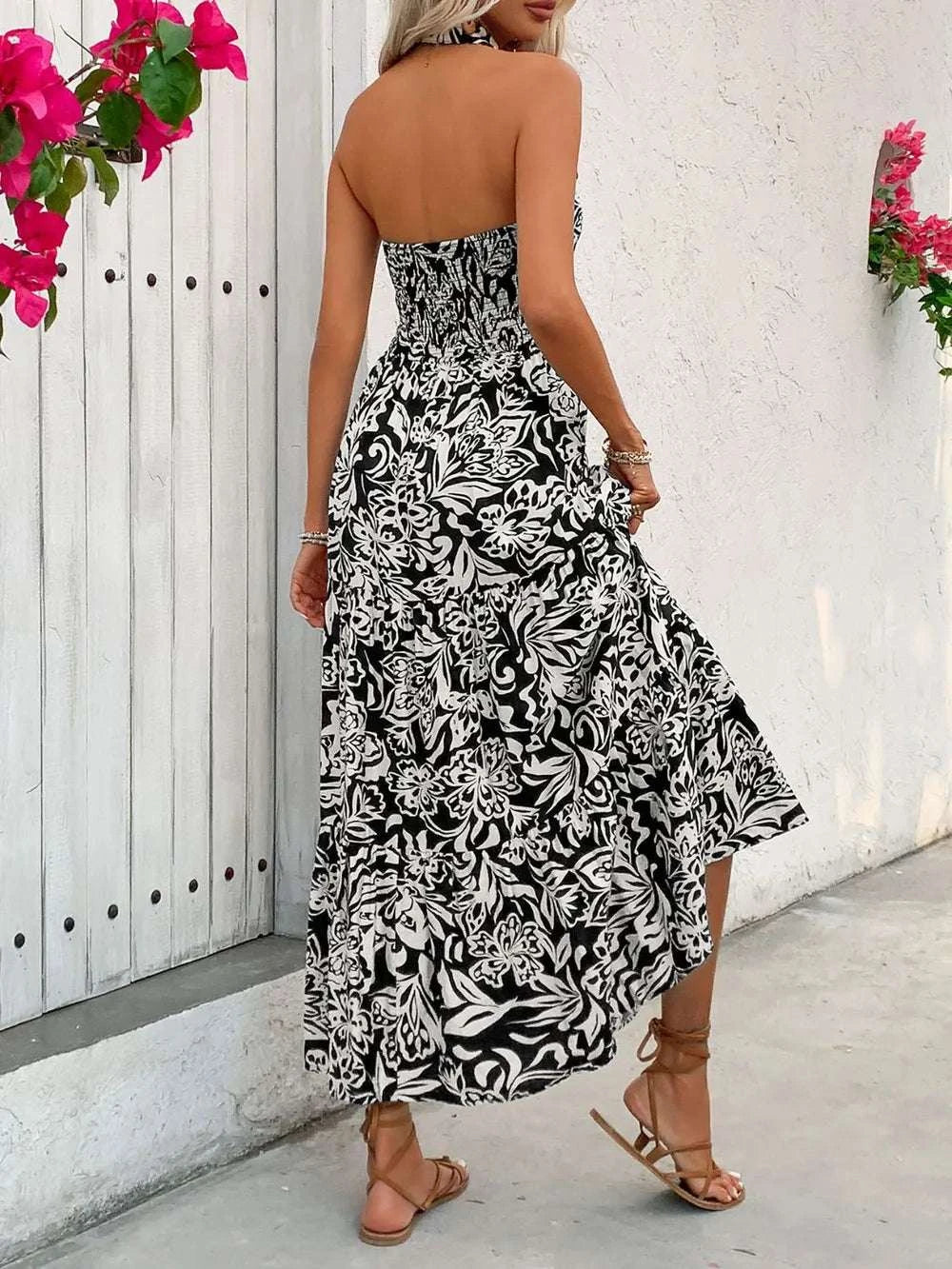 Perfee Backless Smocked Printed Sleeveless Midi Dress WESTCLOSET