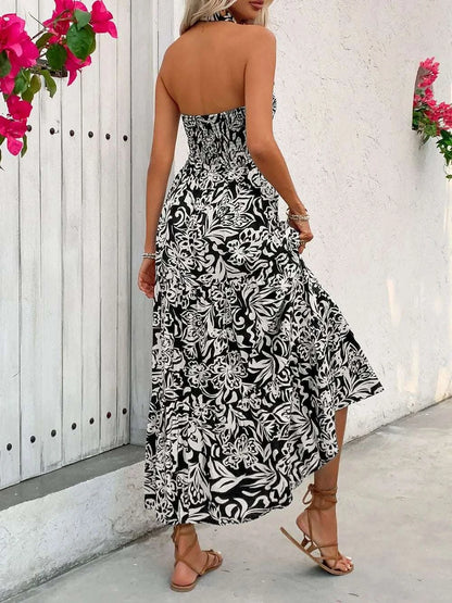 Perfee Backless Smocked Printed Sleeveless Midi Dress WESTCLOSET
