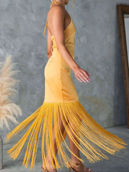 Fringe Halter Neck Dress WESTCLOSET