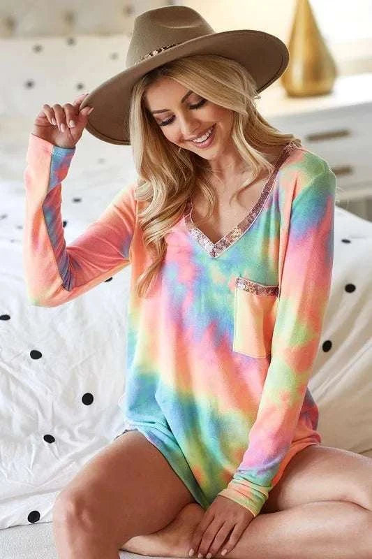 BiBi Tie Dye V-neck Terry Knit Top With Sequins WESTCLOSET