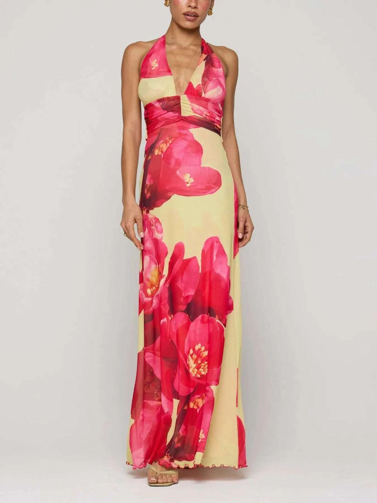 Floral Halter Neck Deep V Maxi Dress WESTCLOSET