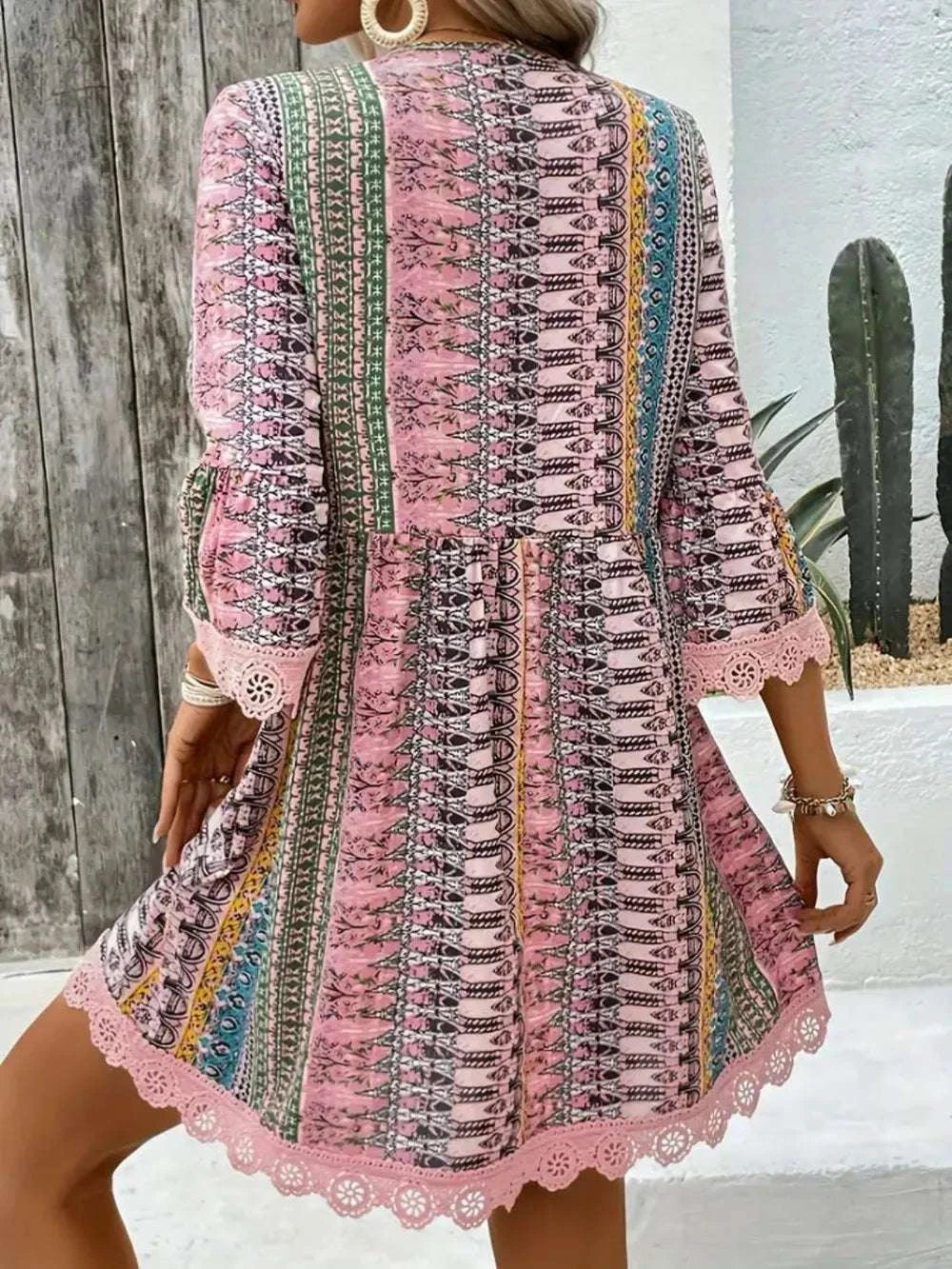 Lace Trim Printed V-Neck 3/4 Sleeve Dress WESTCLOSET