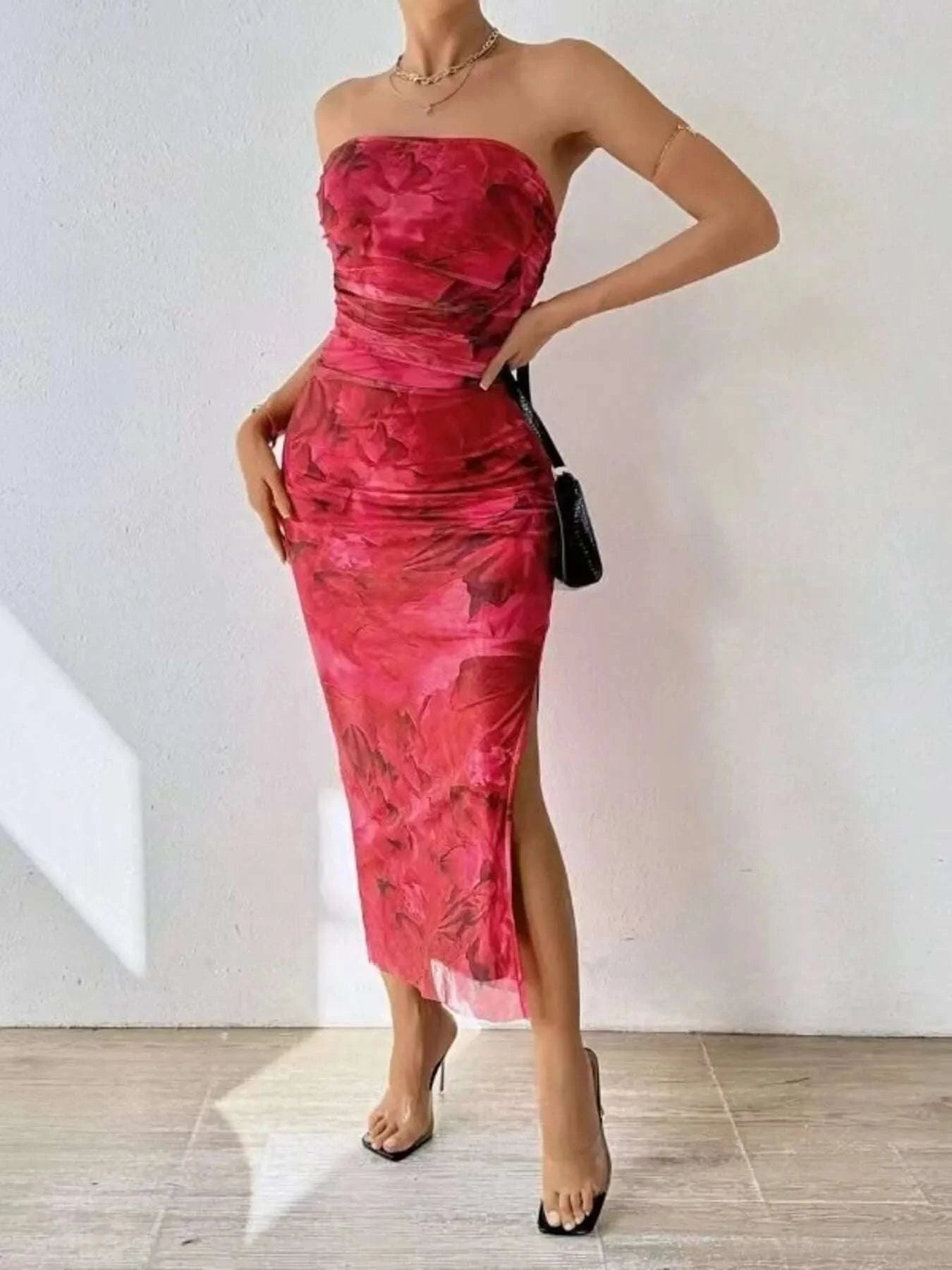 Printed Side Slit Tube Dress WESTCLOSET
