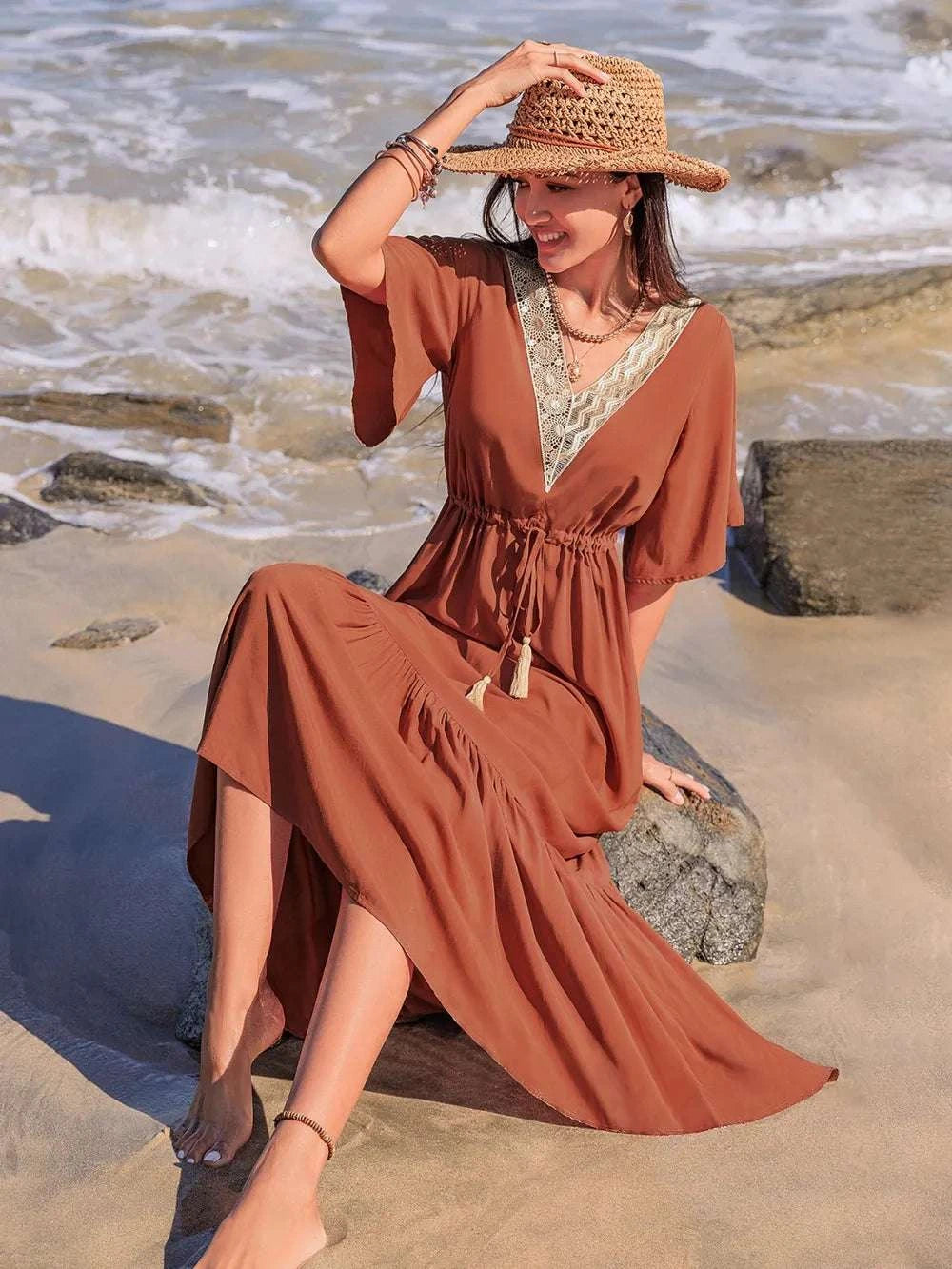 Ruffled Tassel V-Neck Flutter Sleeve Dress WESTCLOSET