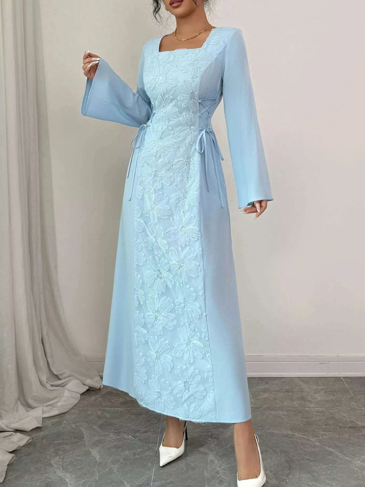 Lace Up Square Neck Long Sleeve Maxi Dress WESTCLOSET