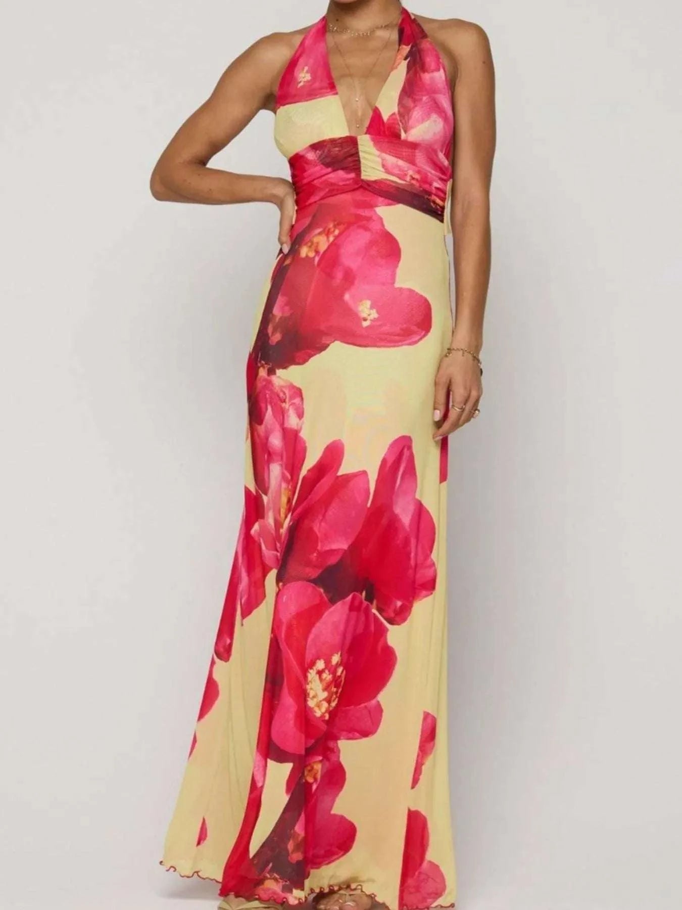 Floral Halter Neck Deep V Maxi Dress WESTCLOSET