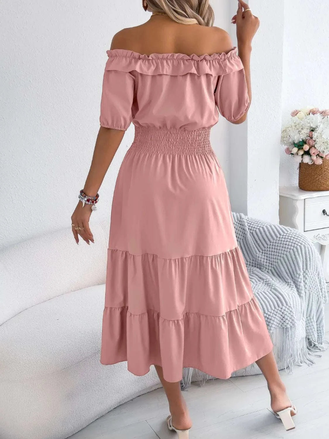 Smocked Off-Shoulder Tiered Dress WESTCLOSET