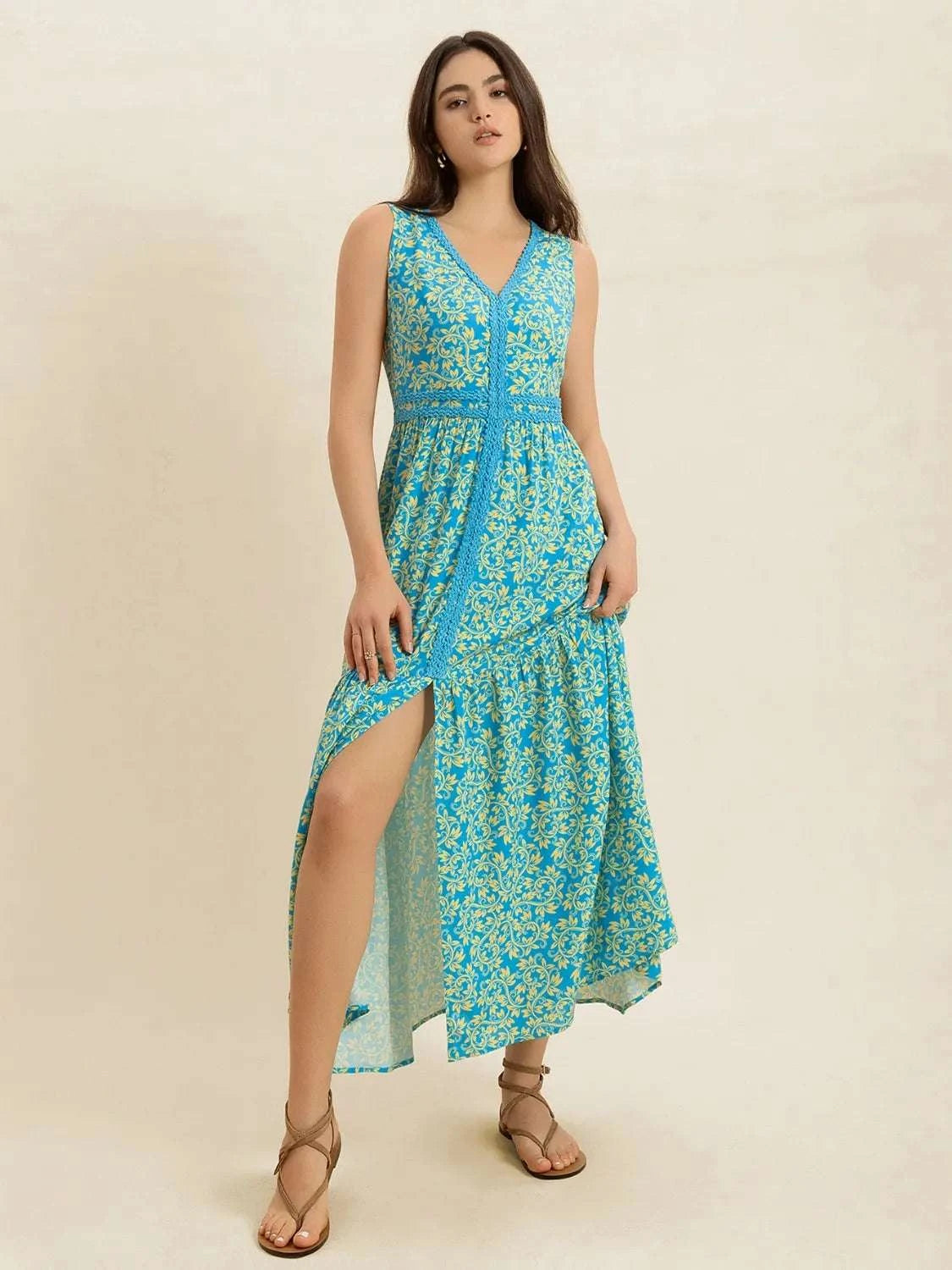 Slit Printed V-Neck Sleeveless Dress WESTCLOSET
