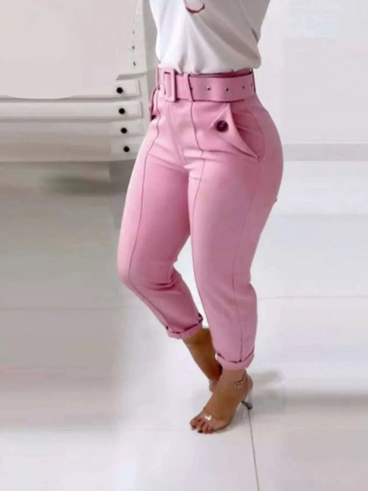 High Waist Belted Slim Fit Ankle Pants WESTCLOSET