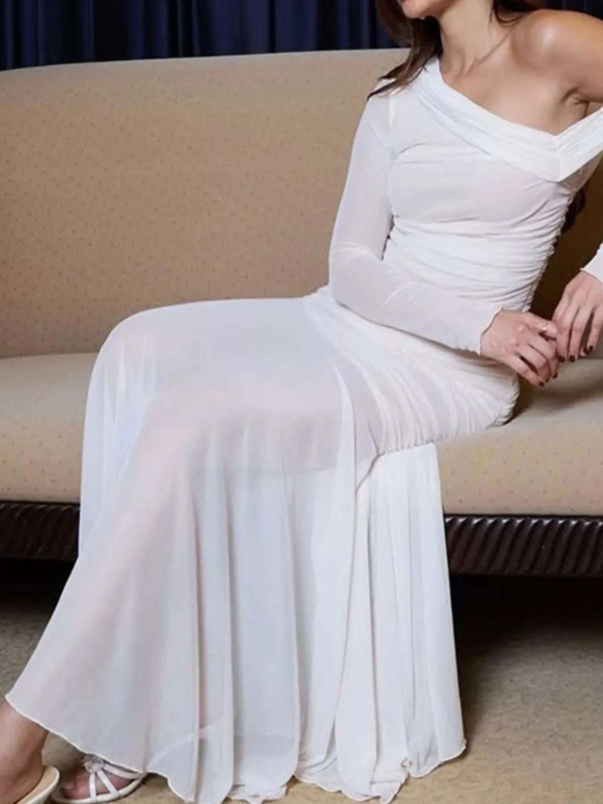 One-Shoulder Ruched Mesh Maxi Dress WESTCLOSET