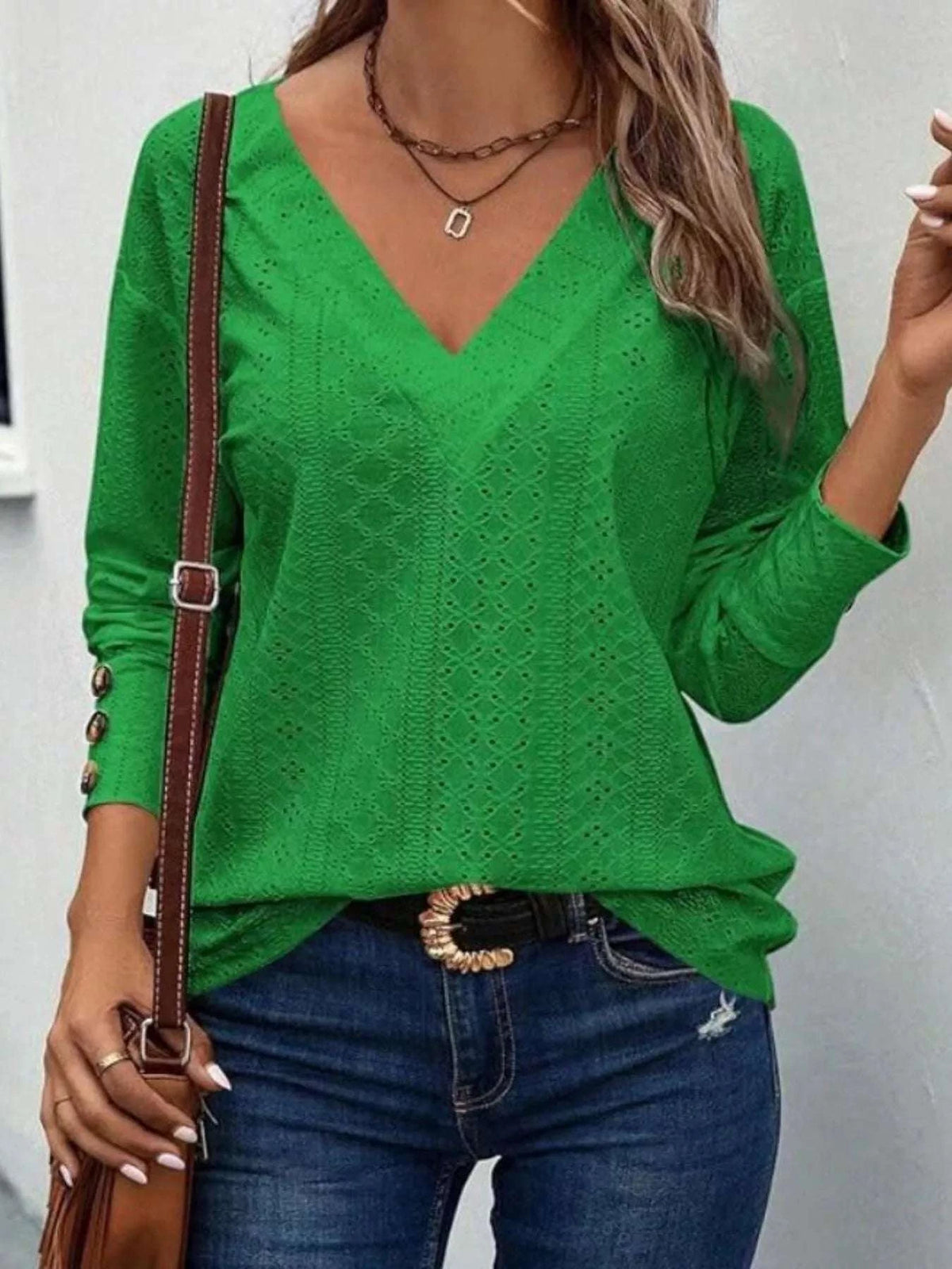 Eyelet V-Neck Long Sleeve T-Shirt WESTCLOSET