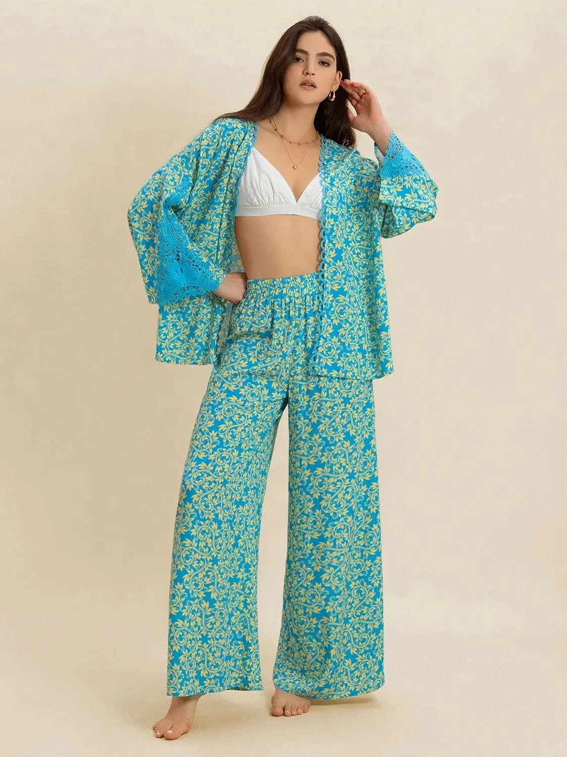 Open Front Printed Top and Pants Set WESTCLOSET