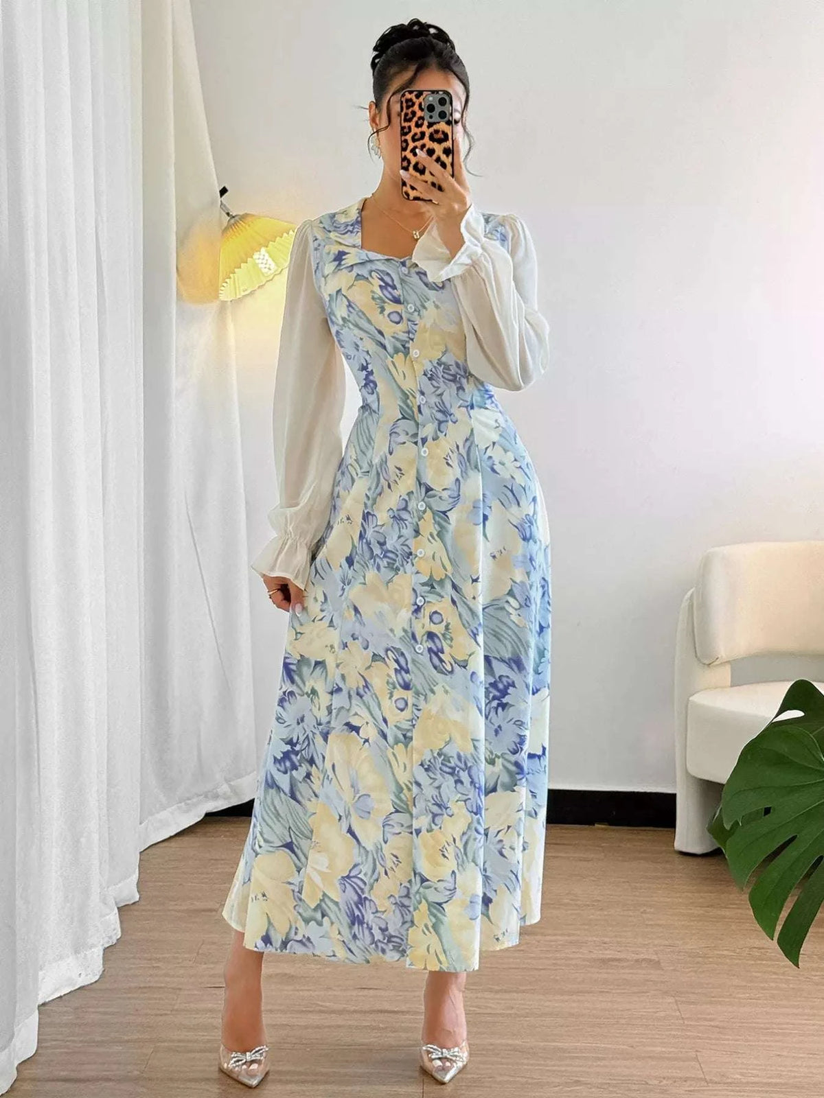 Floral Print Sheer Flounce Sleeves Dress WESTCLOSET