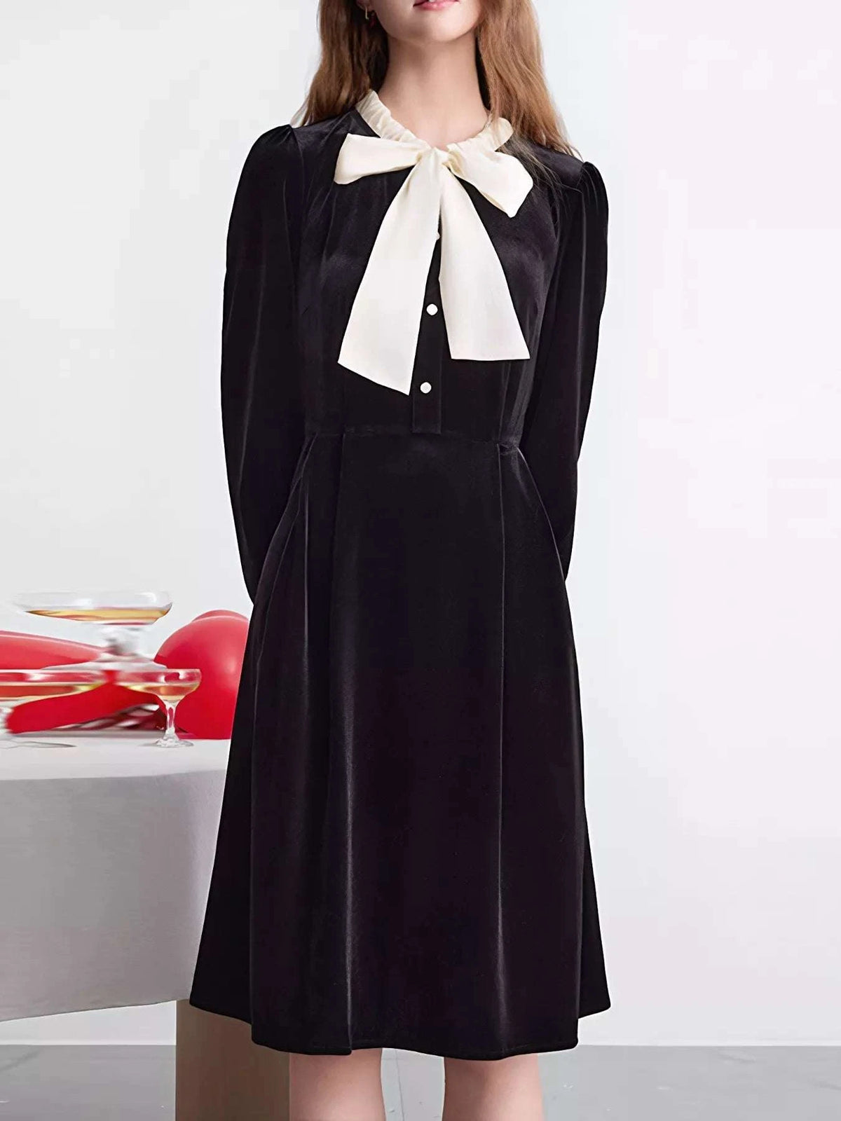 Velvet Bowknot Long Sleeve A-Line Dress WESTCLOSET