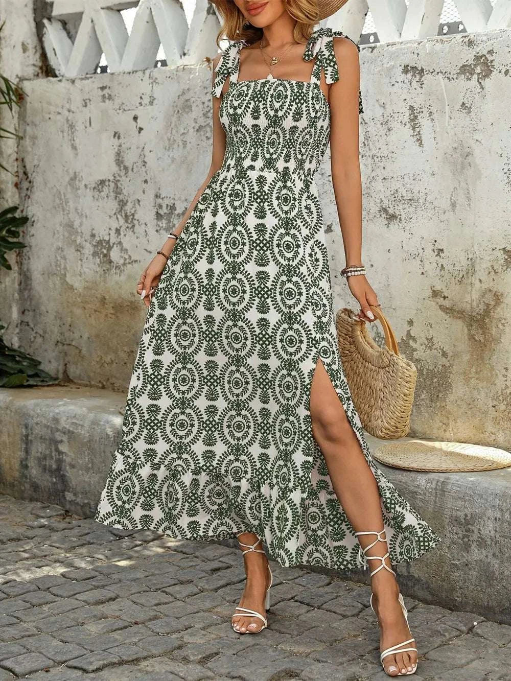 Smocked Slit Printed Tie Shoulder Dress WESTCLOSET