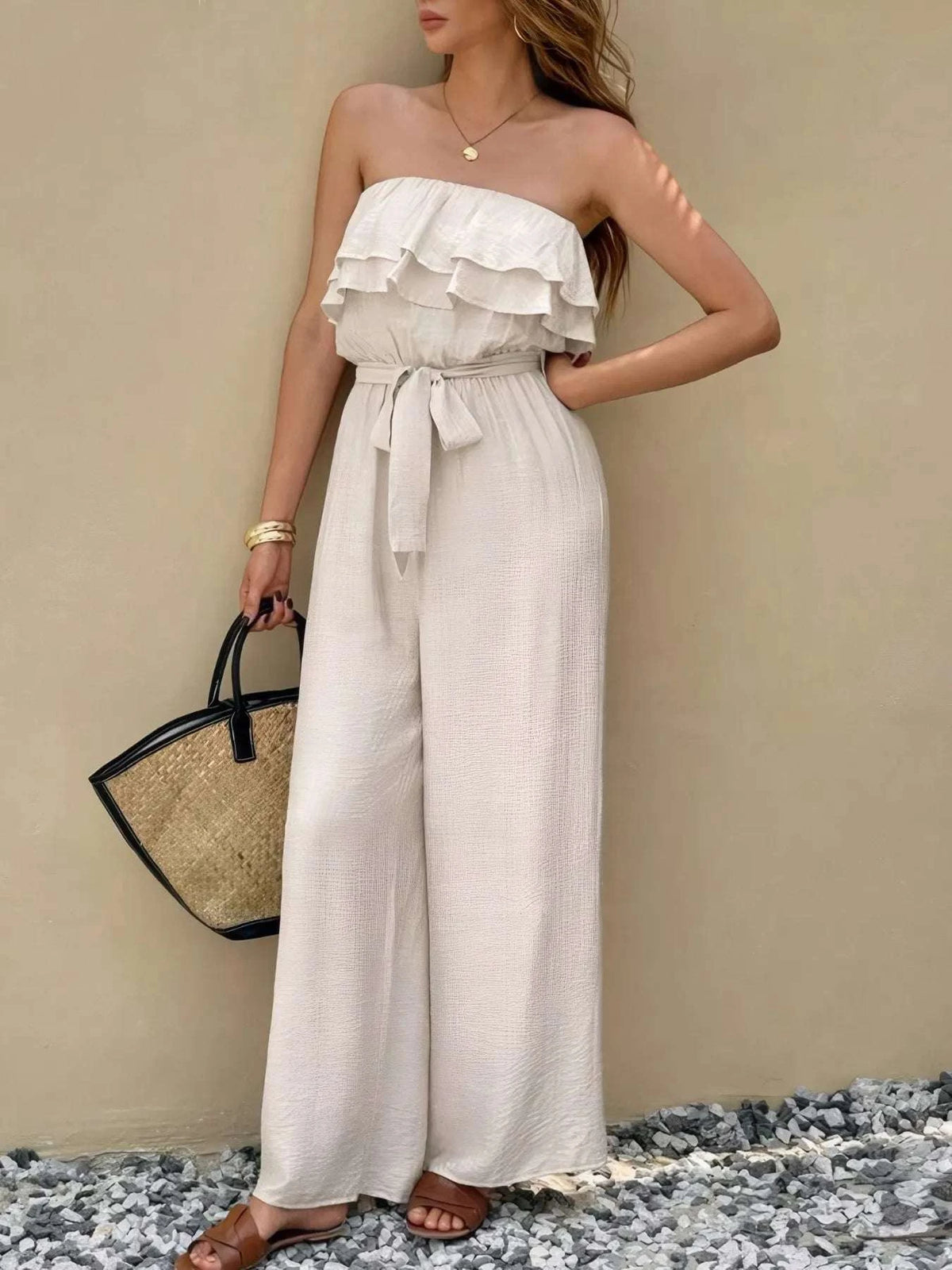 Off-Shoulder Ruffled Wide Leg Jumpsuit WESTCLOSET