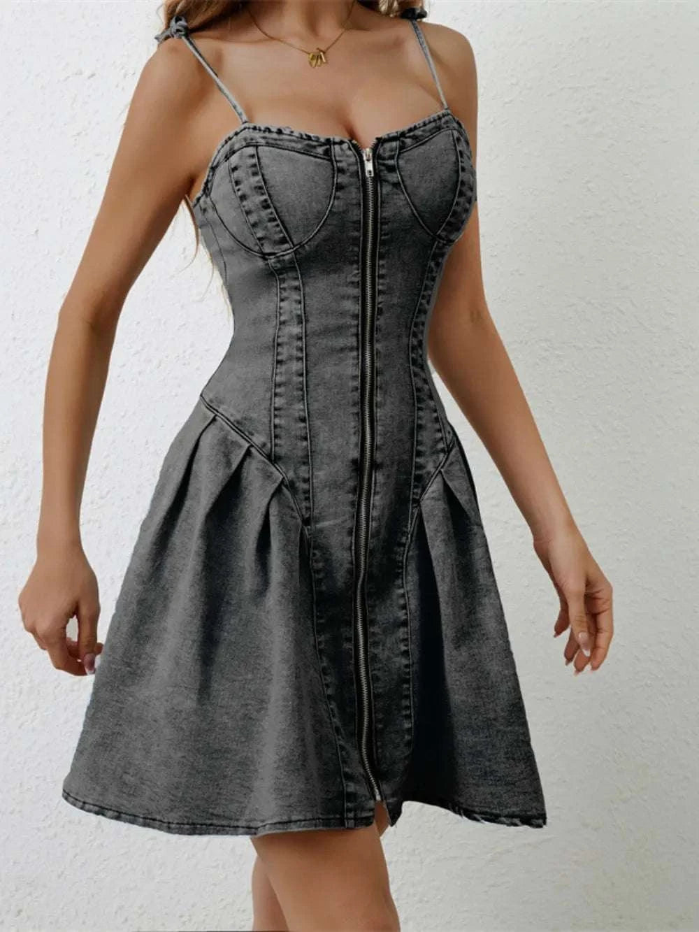 Ruched Zip Up Spaghetti Strap Denim Dress WESTCLOSET