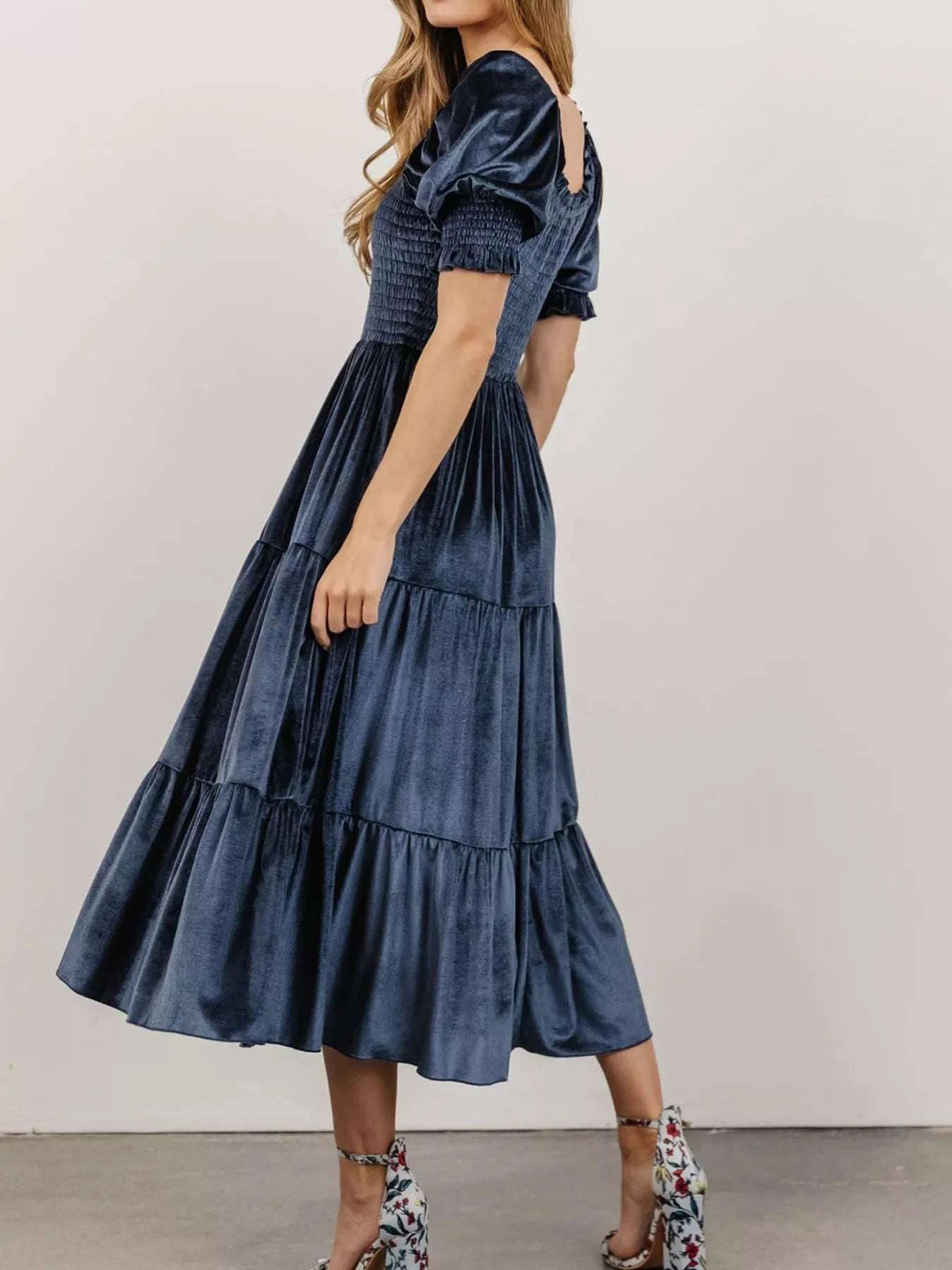 Velvet Smocked Tiered Midi Dress WESTCLOSET