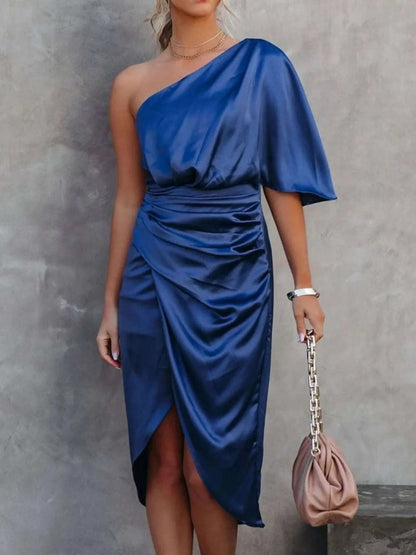 One-Shoulder Satin Wrap Dress with Side Slit WESTCLOSET