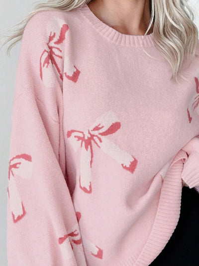 WestCloset Bow Round Neck Long Sleeve Sweater 